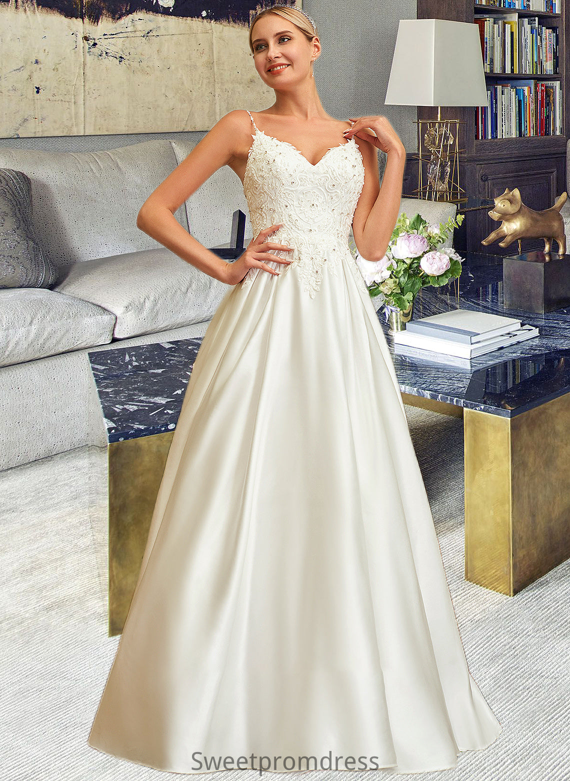 Noemi Ball-Gown/Princess V-neck Sweep Train Satin Lace Wedding Dress With Lace Beading Sequins Pockets DHP0013771