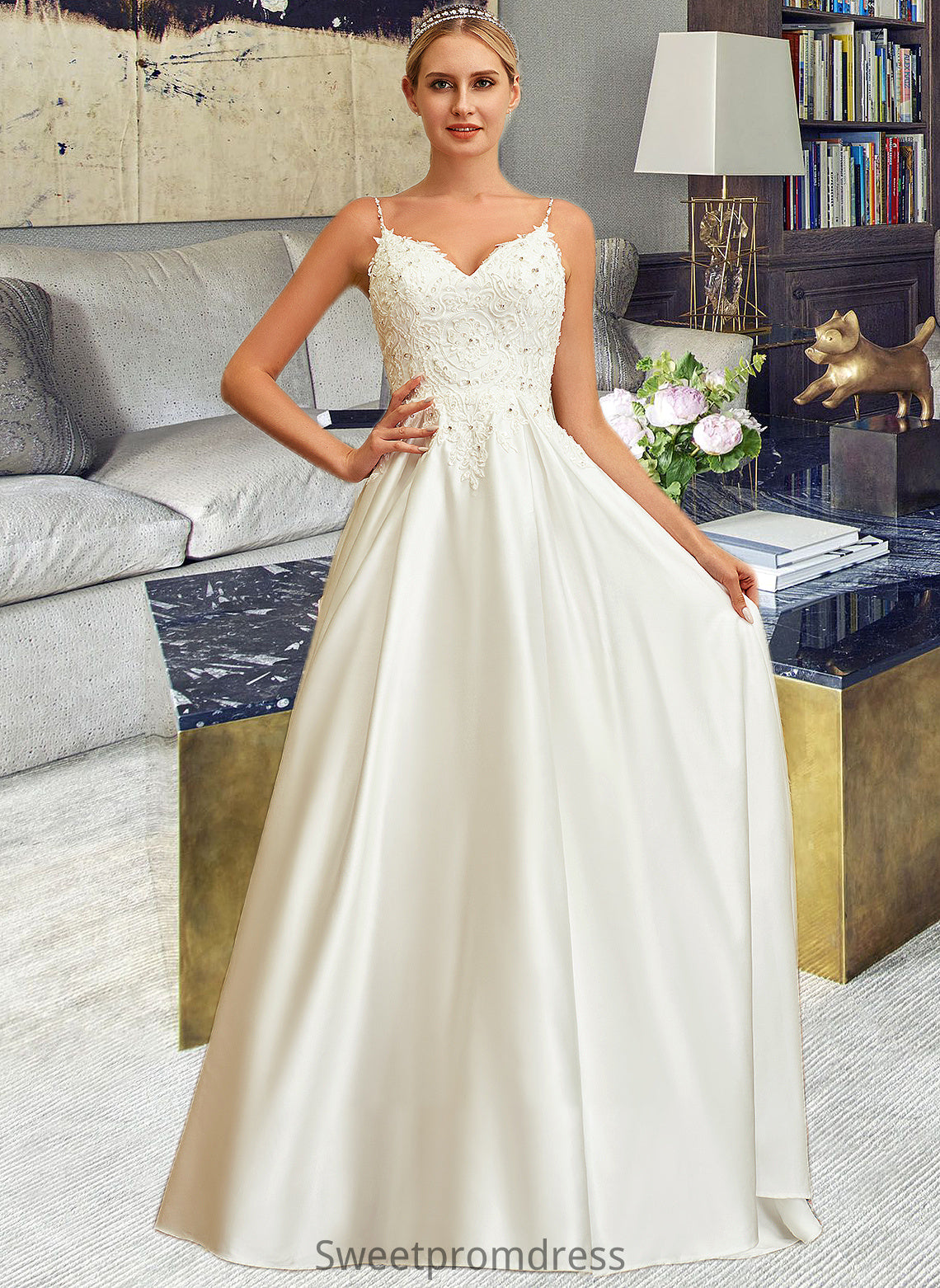 Noemi Ball-Gown/Princess V-neck Sweep Train Satin Lace Wedding Dress With Lace Beading Sequins Pockets DHP0013771