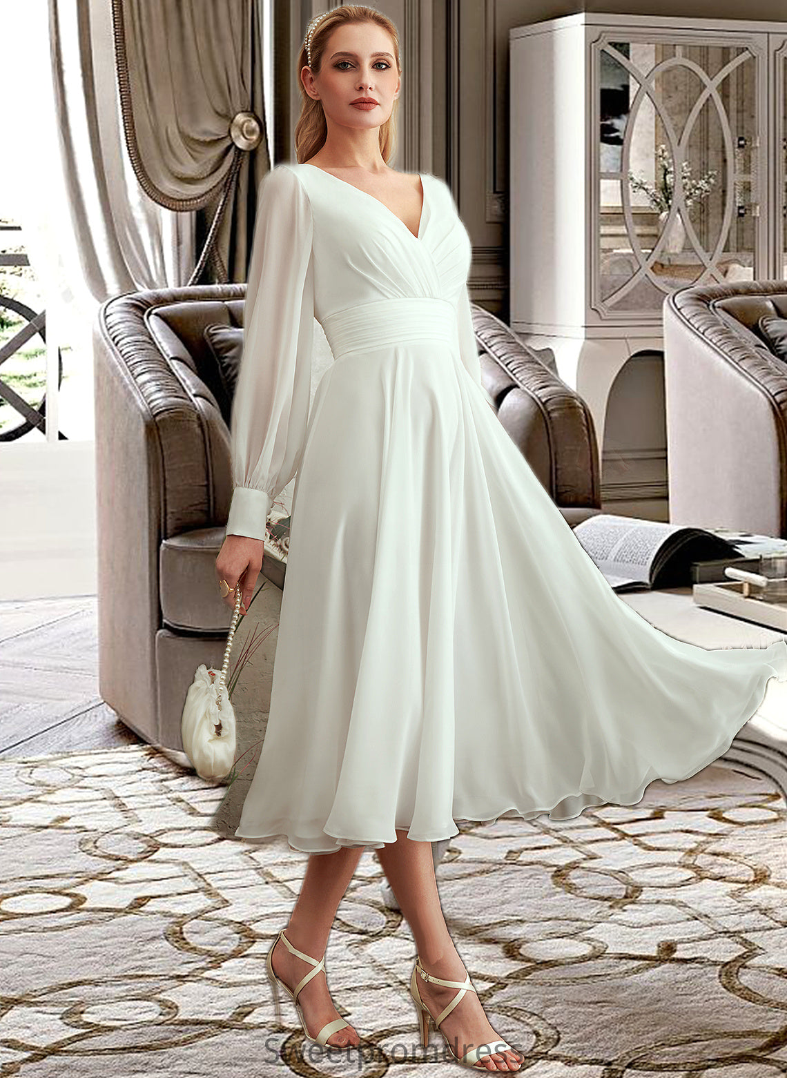 Meredith A-Line V-neck Tea-Length Wedding Dress DHP0013772