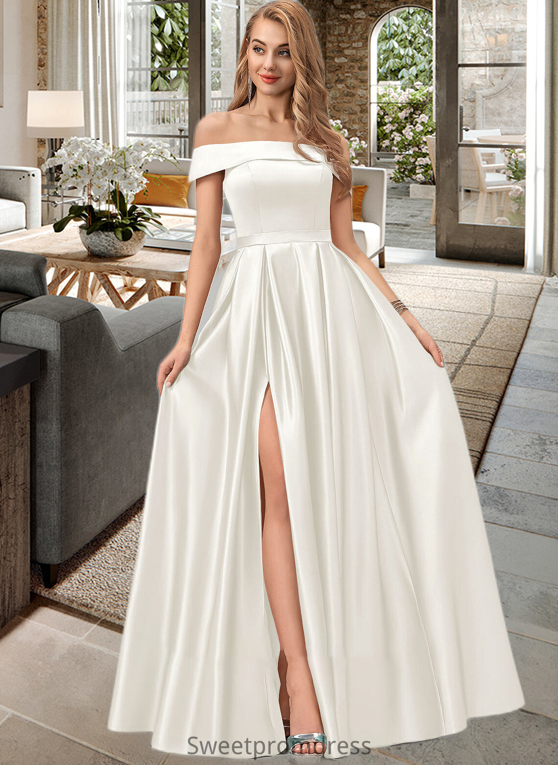 Reese Ball-Gown/Princess Off-the-Shoulder Floor-Length Satin Wedding Dress With Split Front Pockets DHP0013774