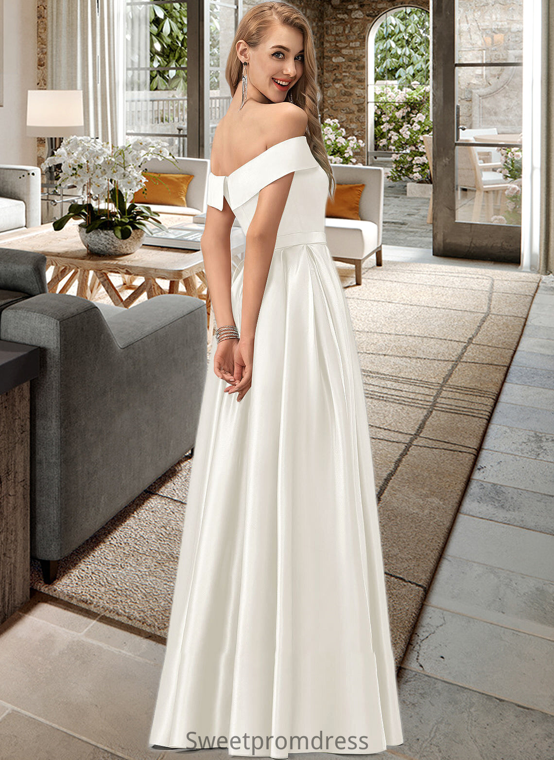 Reese Ball-Gown/Princess Off-the-Shoulder Floor-Length Satin Wedding Dress With Split Front Pockets DHP0013774