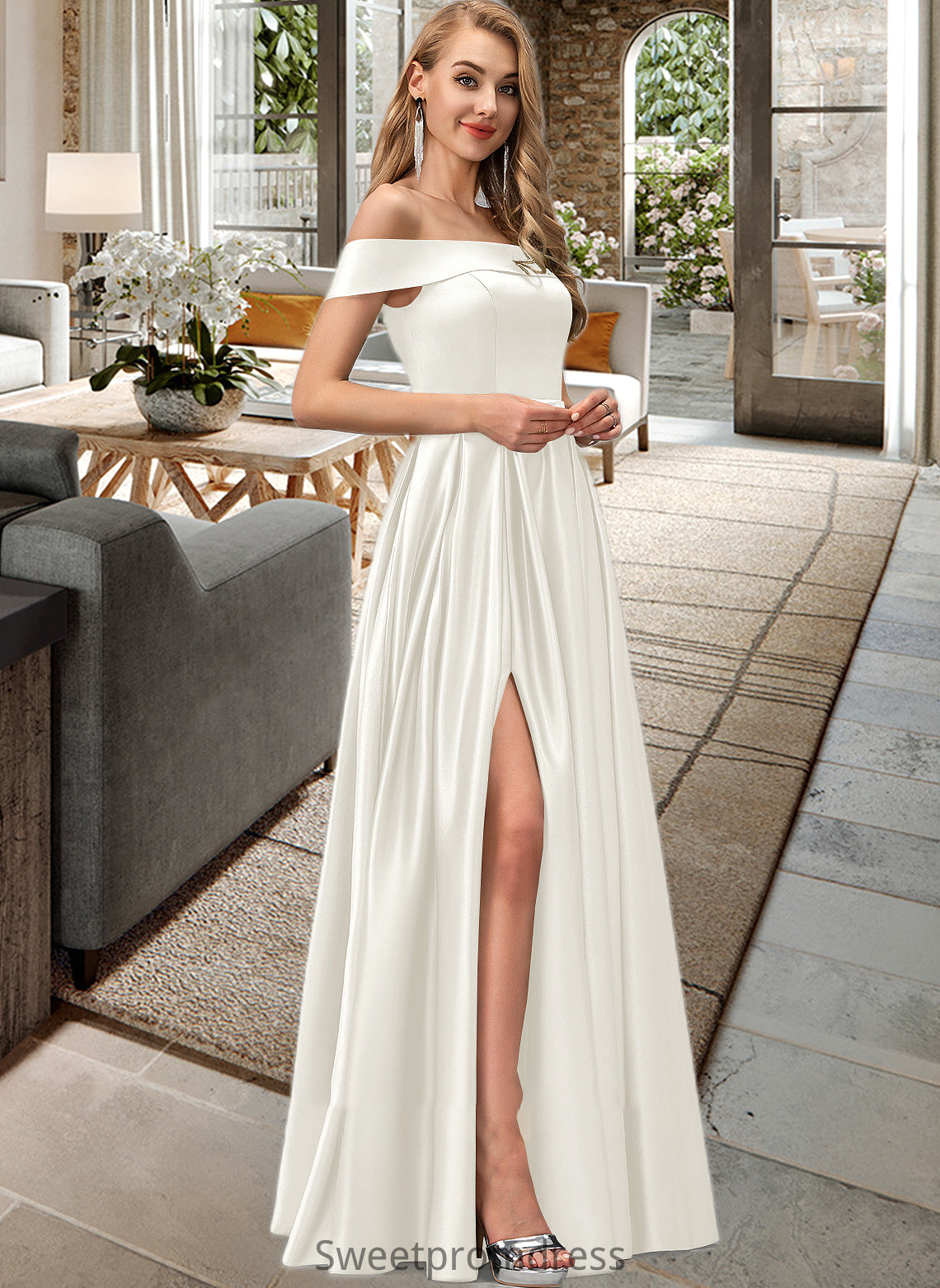 Reese Ball-Gown/Princess Off-the-Shoulder Floor-Length Satin Wedding Dress With Split Front Pockets DHP0013774