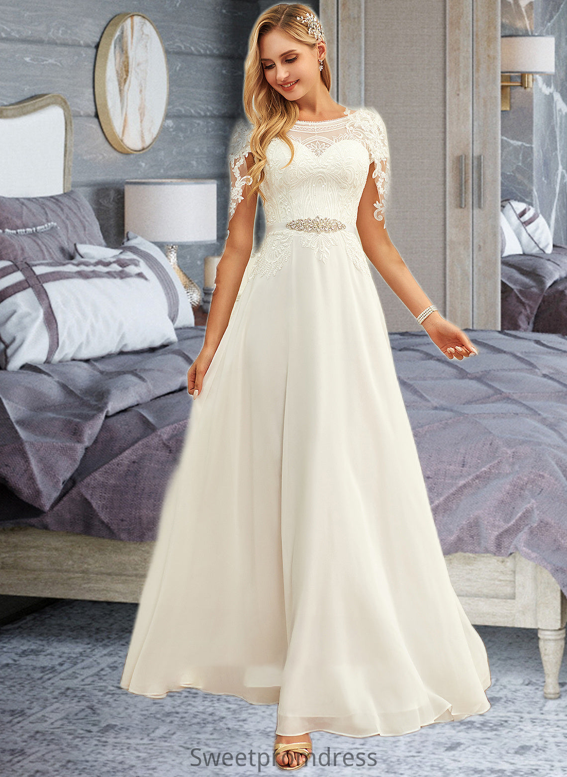 Tiana A-Line Scoop Neck Floor-Length Chiffon Lace Wedding Dress With Sequins DHP0013775