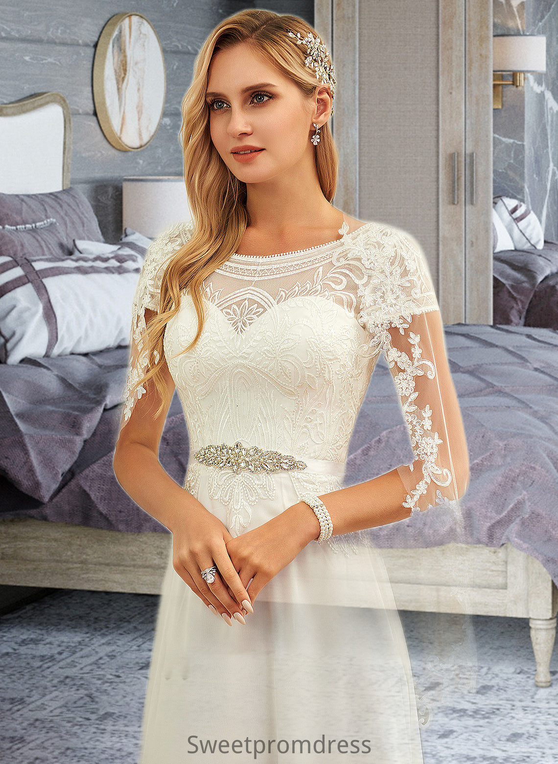 Tiana A-Line Scoop Neck Floor-Length Chiffon Lace Wedding Dress With Sequins DHP0013775