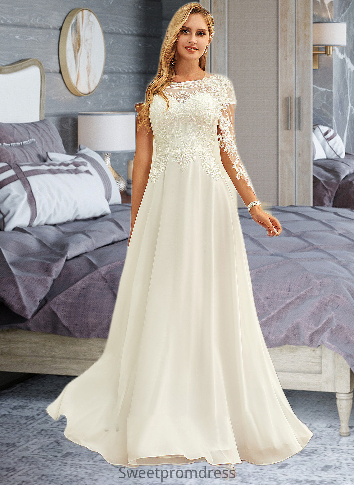 Tiana A-Line Scoop Neck Floor-Length Chiffon Lace Wedding Dress With Sequins DHP0013775