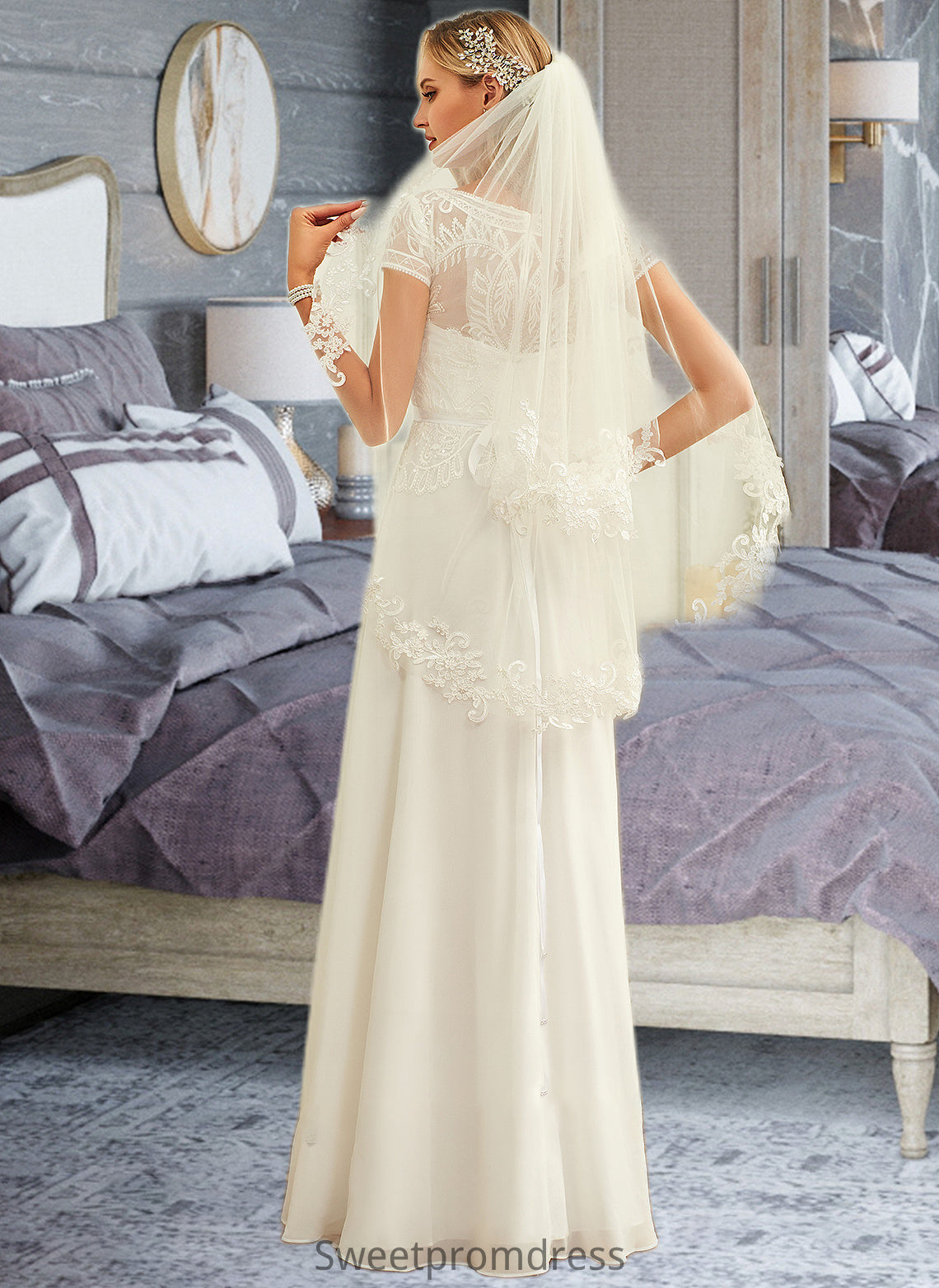 Tiana A-Line Scoop Neck Floor-Length Chiffon Lace Wedding Dress With Sequins DHP0013775