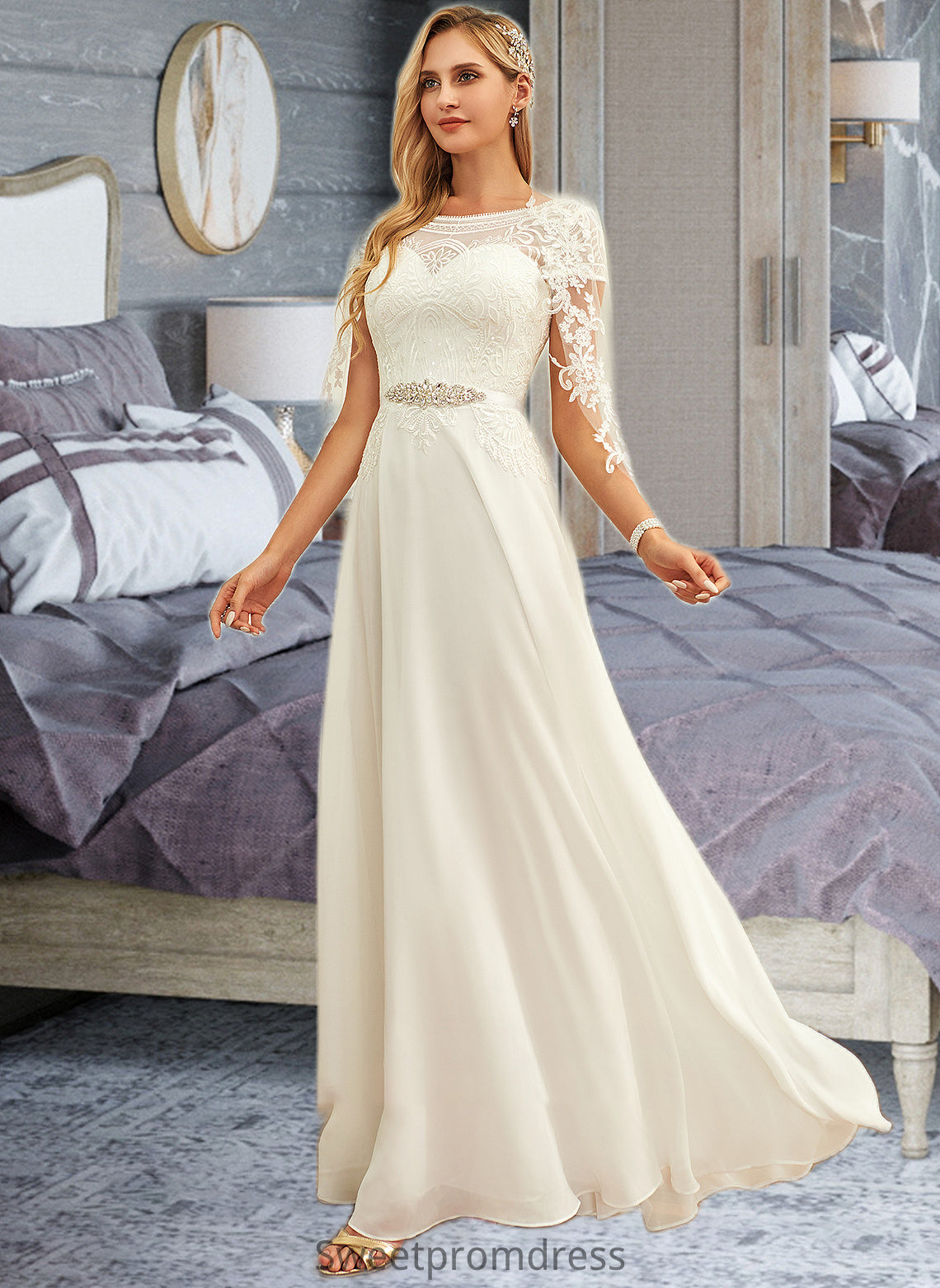 Tiana A-Line Scoop Neck Floor-Length Chiffon Lace Wedding Dress With Sequins DHP0013775