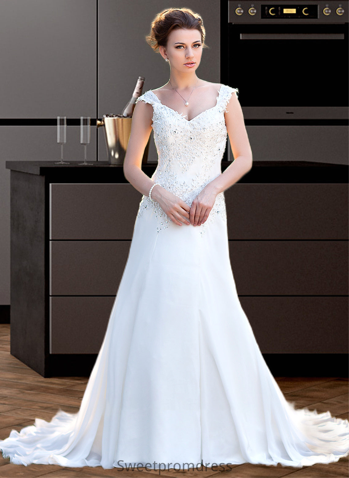 Kiley A-Line V-neck Court Train Chiffon Wedding Dress With Lace Beading Sequins DHP0013776