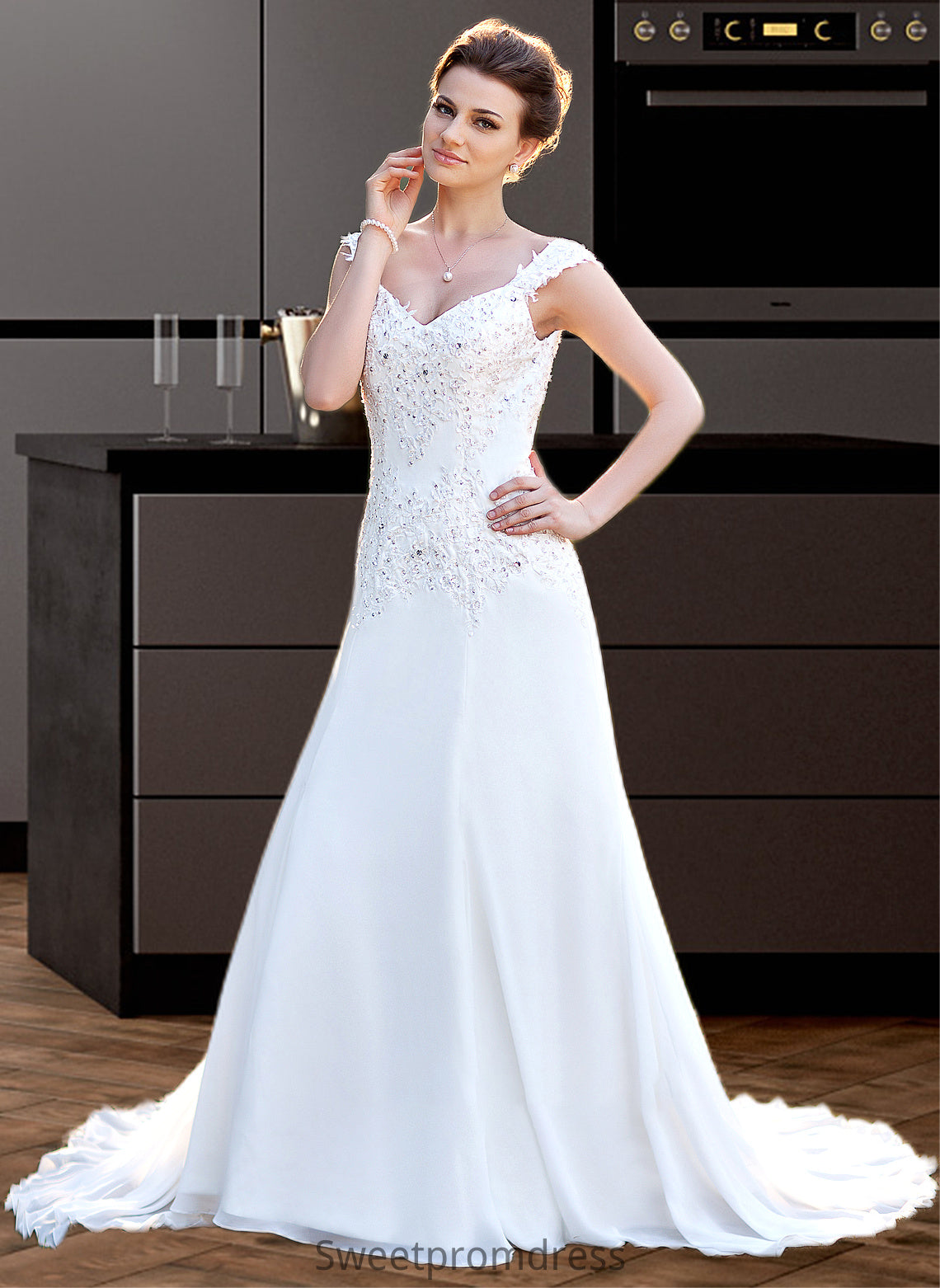 Kiley A-Line V-neck Court Train Chiffon Wedding Dress With Lace Beading Sequins DHP0013776