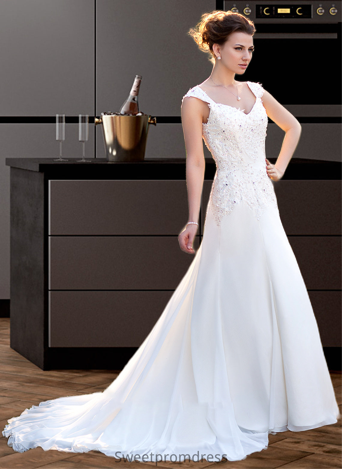 Kiley A-Line V-neck Court Train Chiffon Wedding Dress With Lace Beading Sequins DHP0013776