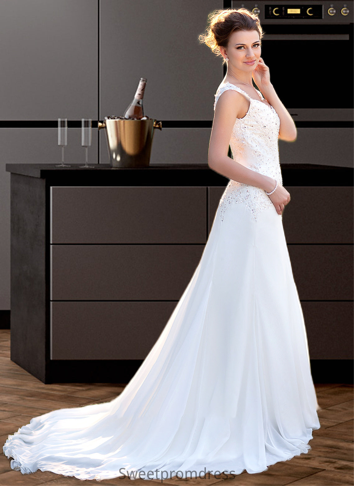 Kiley A-Line V-neck Court Train Chiffon Wedding Dress With Lace Beading Sequins DHP0013776