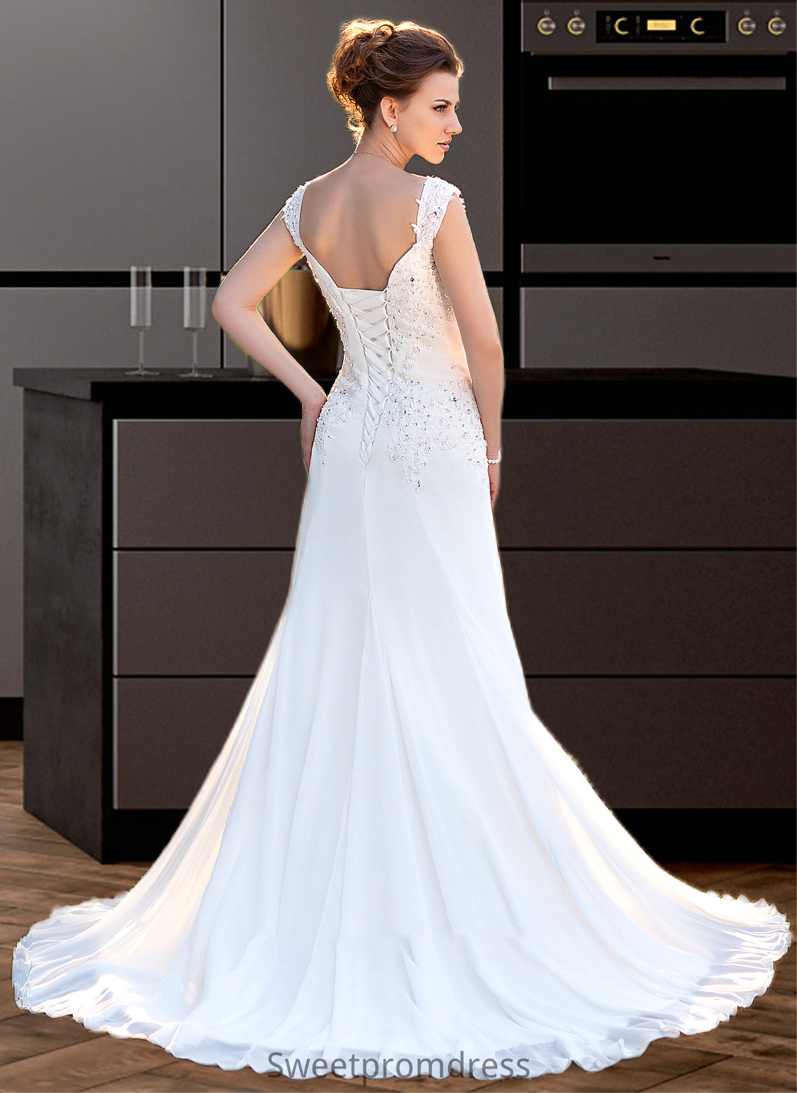 Kiley A-Line V-neck Court Train Chiffon Wedding Dress With Lace Beading Sequins DHP0013776