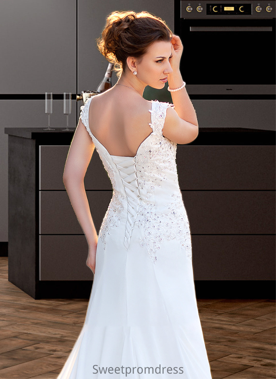 Kiley A-Line V-neck Court Train Chiffon Wedding Dress With Lace Beading Sequins DHP0013776