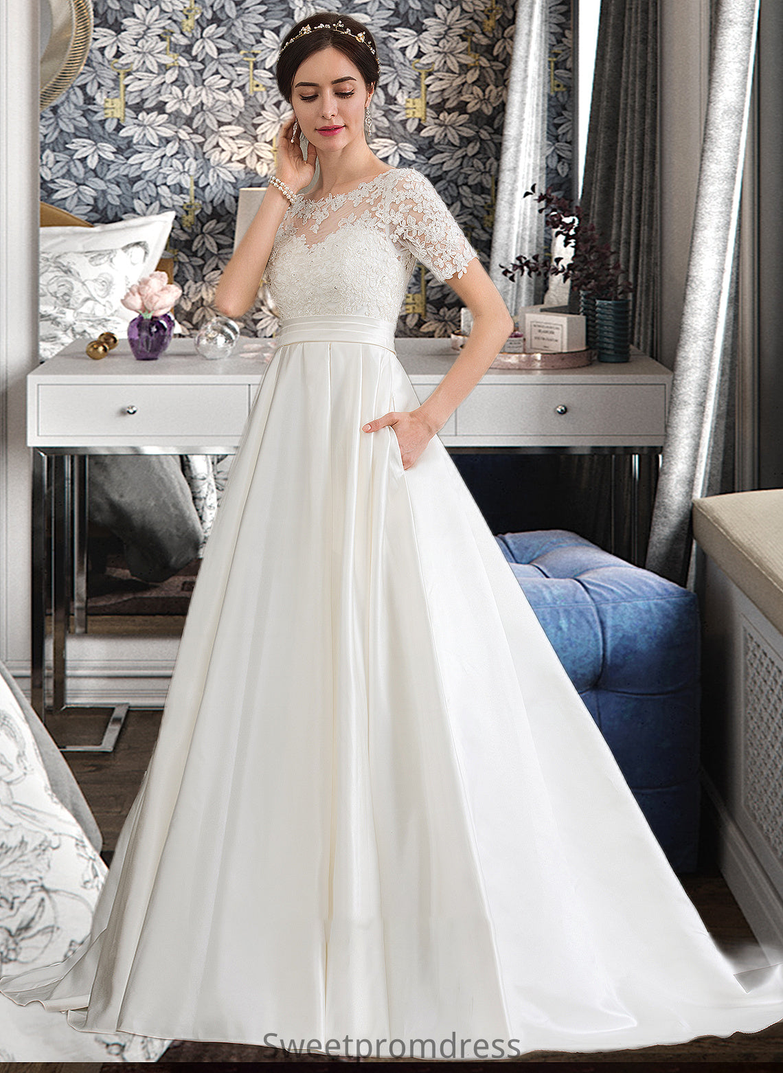 Lydia Ball-Gown/Princess Scoop Neck Court Train Satin Wedding Dress With Beading Sequins Pockets DHP0013777