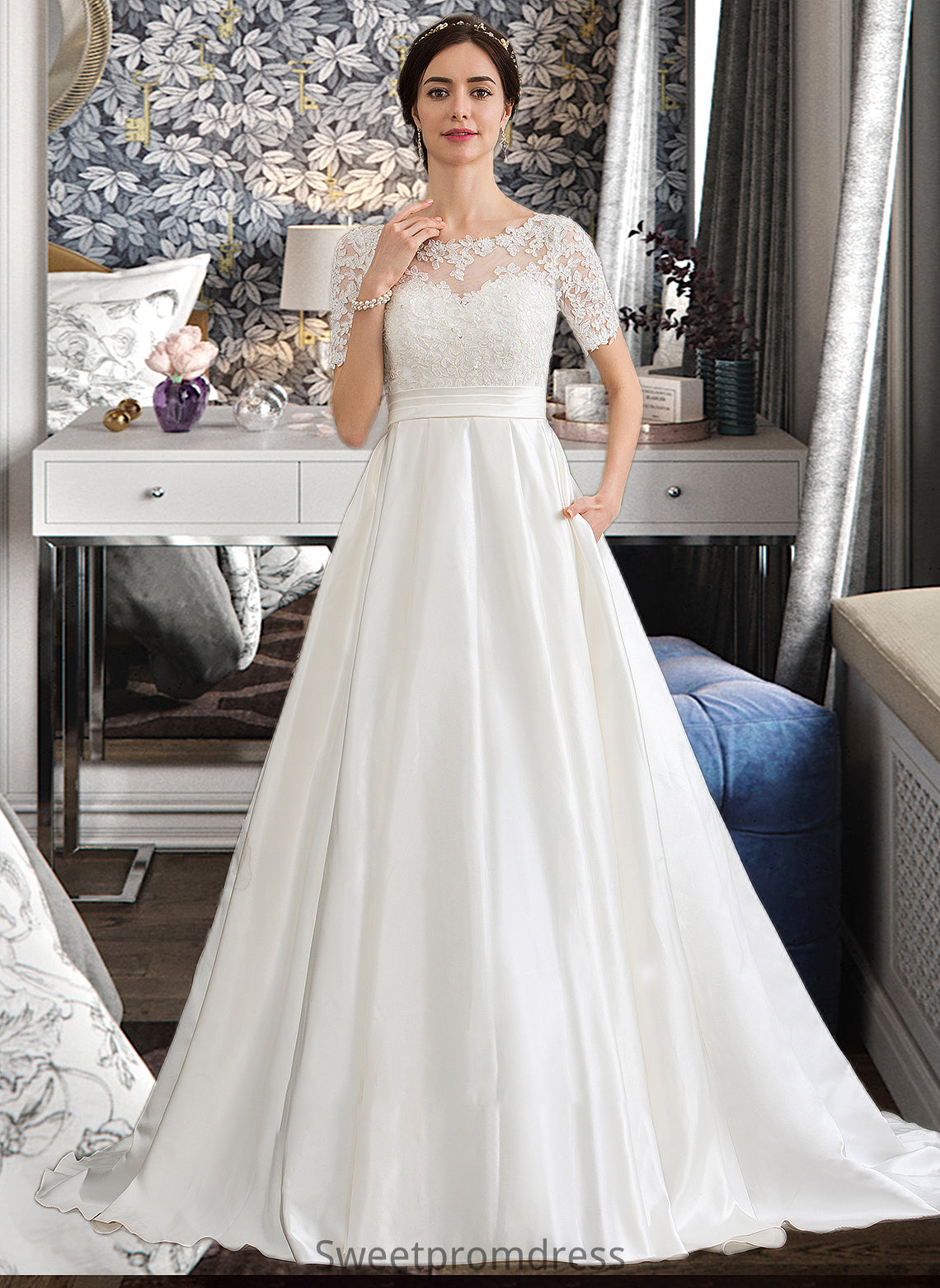 Lydia Ball-Gown/Princess Scoop Neck Court Train Satin Wedding Dress With Beading Sequins Pockets DHP0013777