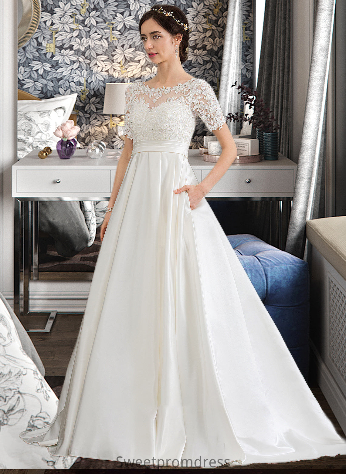 Lydia Ball-Gown/Princess Scoop Neck Court Train Satin Wedding Dress With Beading Sequins Pockets DHP0013777