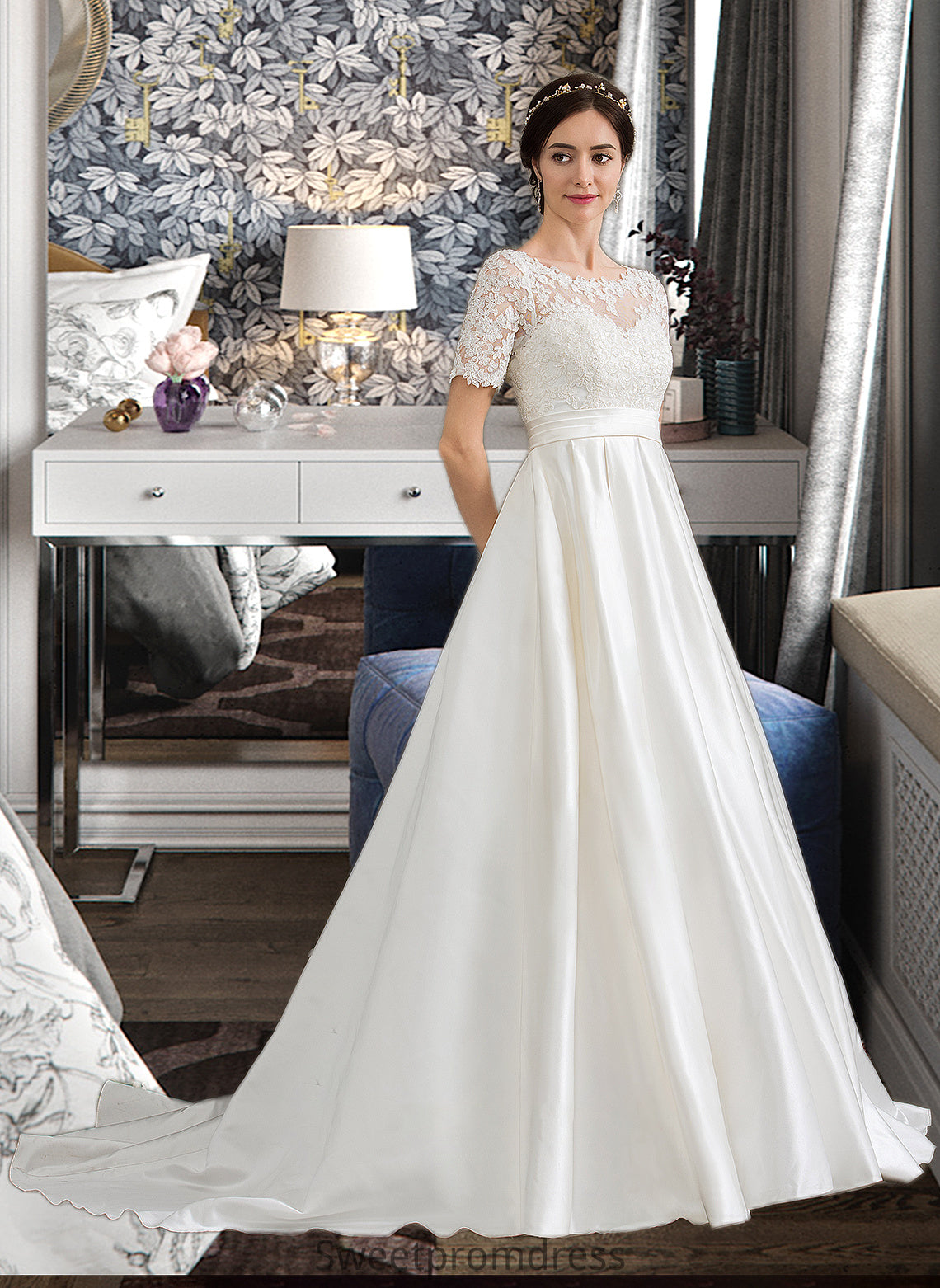 Lydia Ball-Gown/Princess Scoop Neck Court Train Satin Wedding Dress With Beading Sequins Pockets DHP0013777