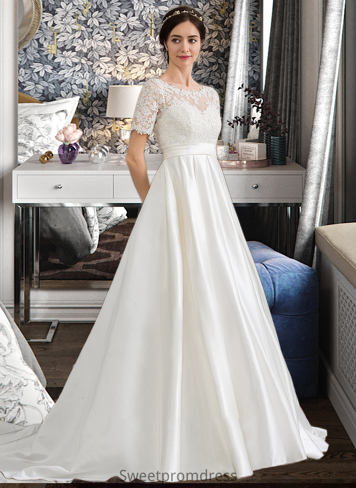 Lydia Ball-Gown/Princess Scoop Neck Court Train Satin Wedding Dress With Beading Sequins Pockets DHP0013777