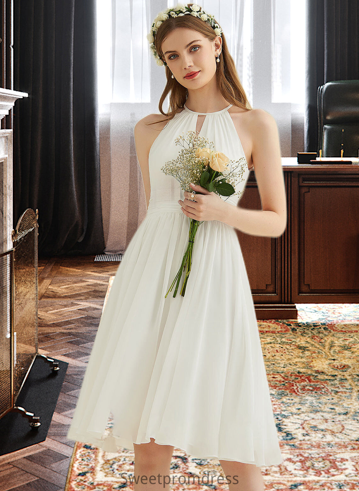 Ida A-Line Knee-Length Chiffon Wedding Dress DHP0013778