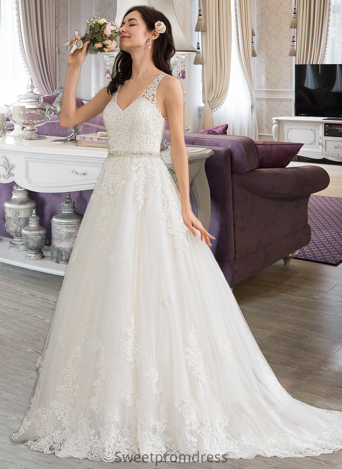 Chloe Ball-Gown/Princess V-neck Court Train Tulle Wedding Dress With Beading Sequins DHP0013779