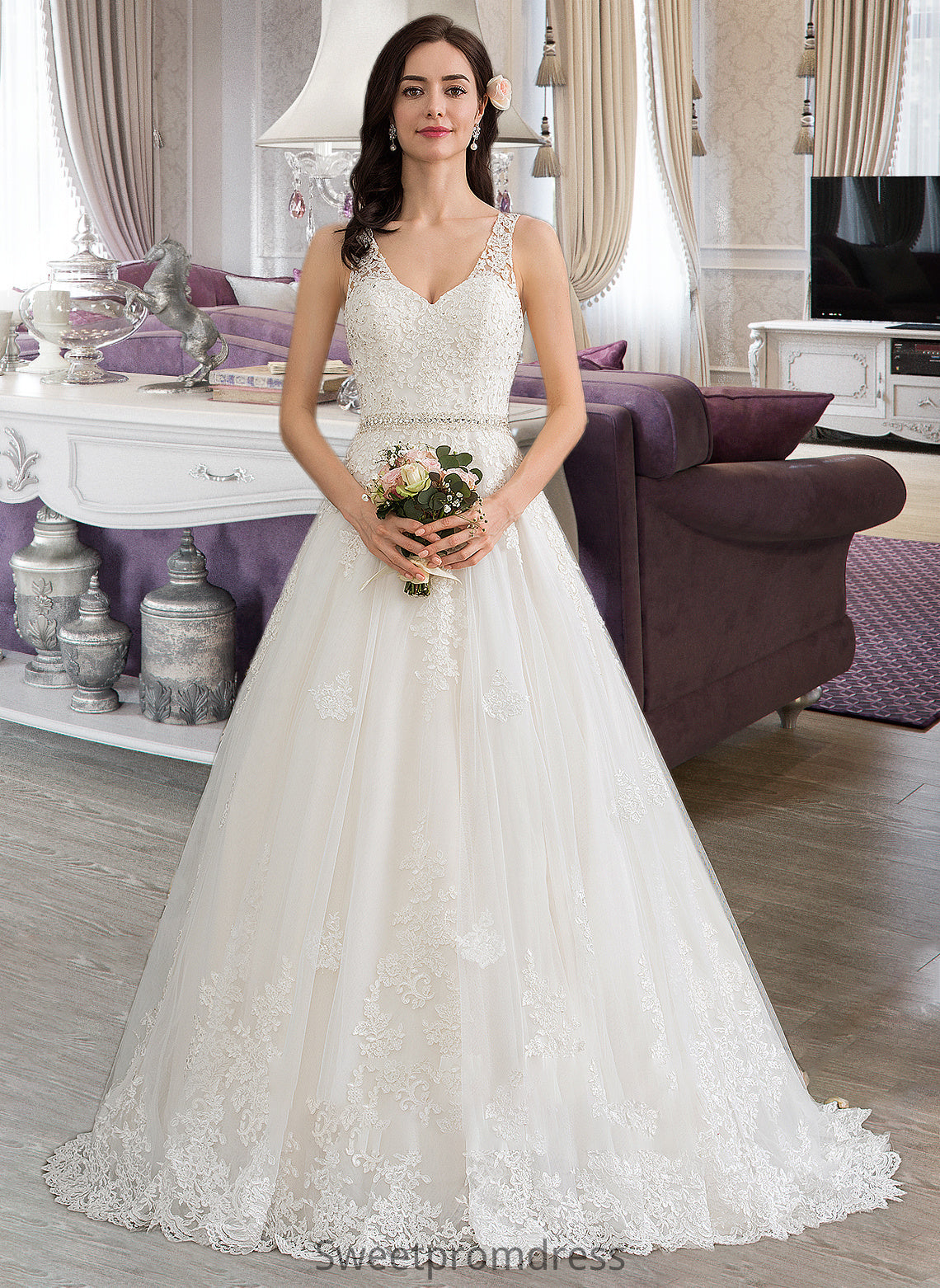 Chloe Ball-Gown/Princess V-neck Court Train Tulle Wedding Dress With Beading Sequins DHP0013779