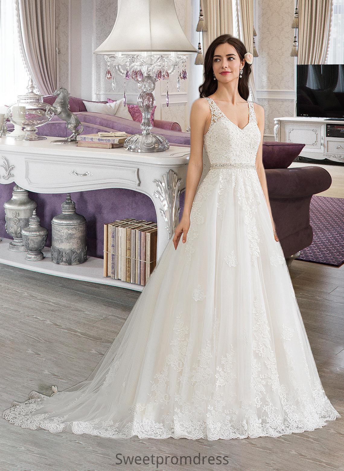 Chloe Ball-Gown/Princess V-neck Court Train Tulle Wedding Dress With Beading Sequins DHP0013779