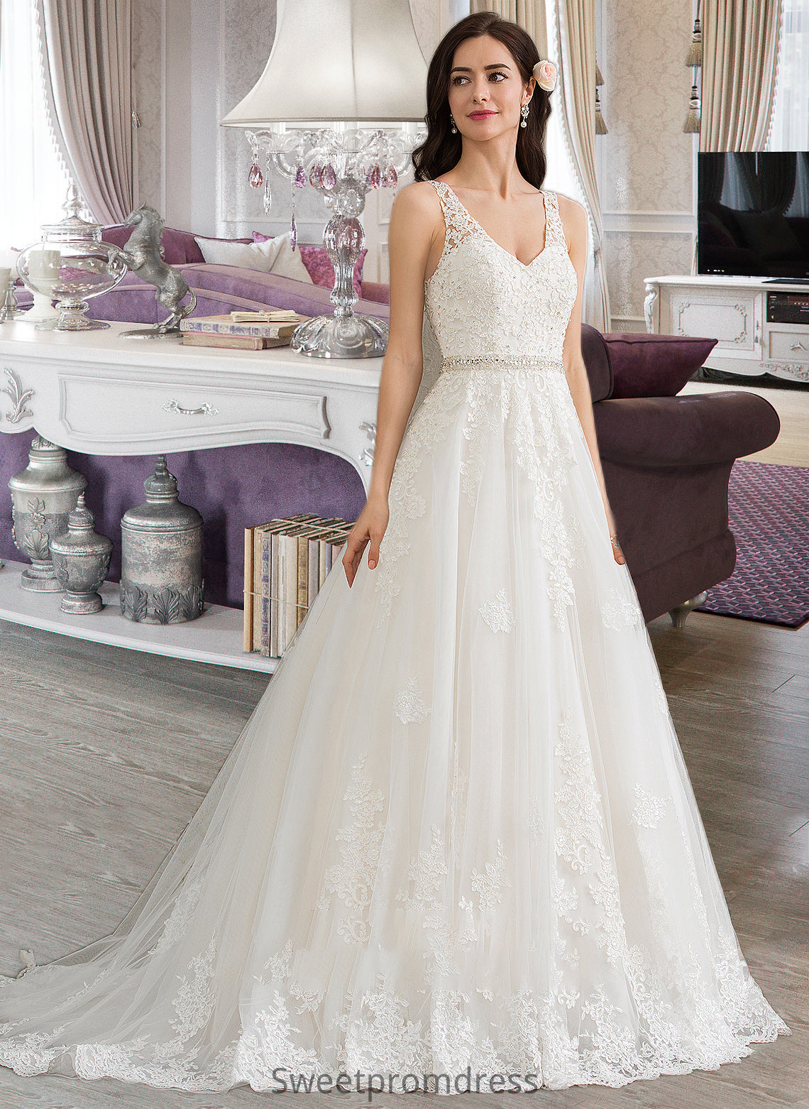 Chloe Ball-Gown/Princess V-neck Court Train Tulle Wedding Dress With Beading Sequins DHP0013779