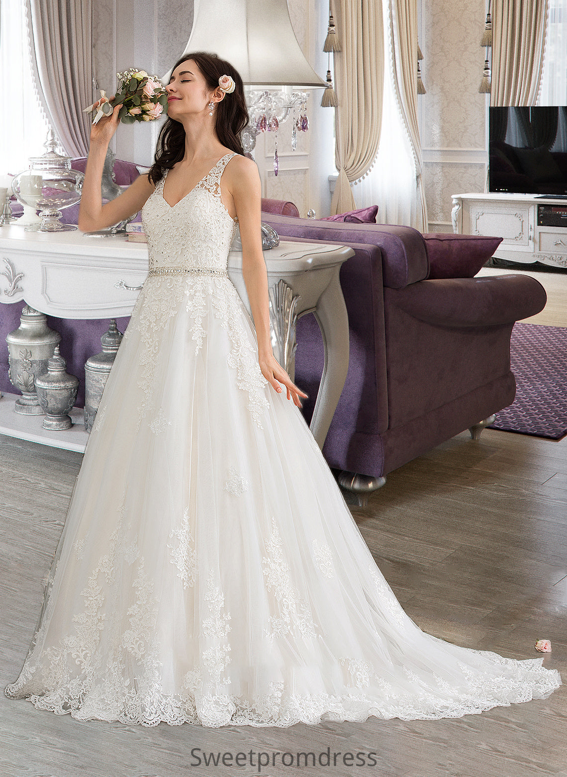 Chloe Ball-Gown/Princess V-neck Court Train Tulle Wedding Dress With Beading Sequins DHP0013779