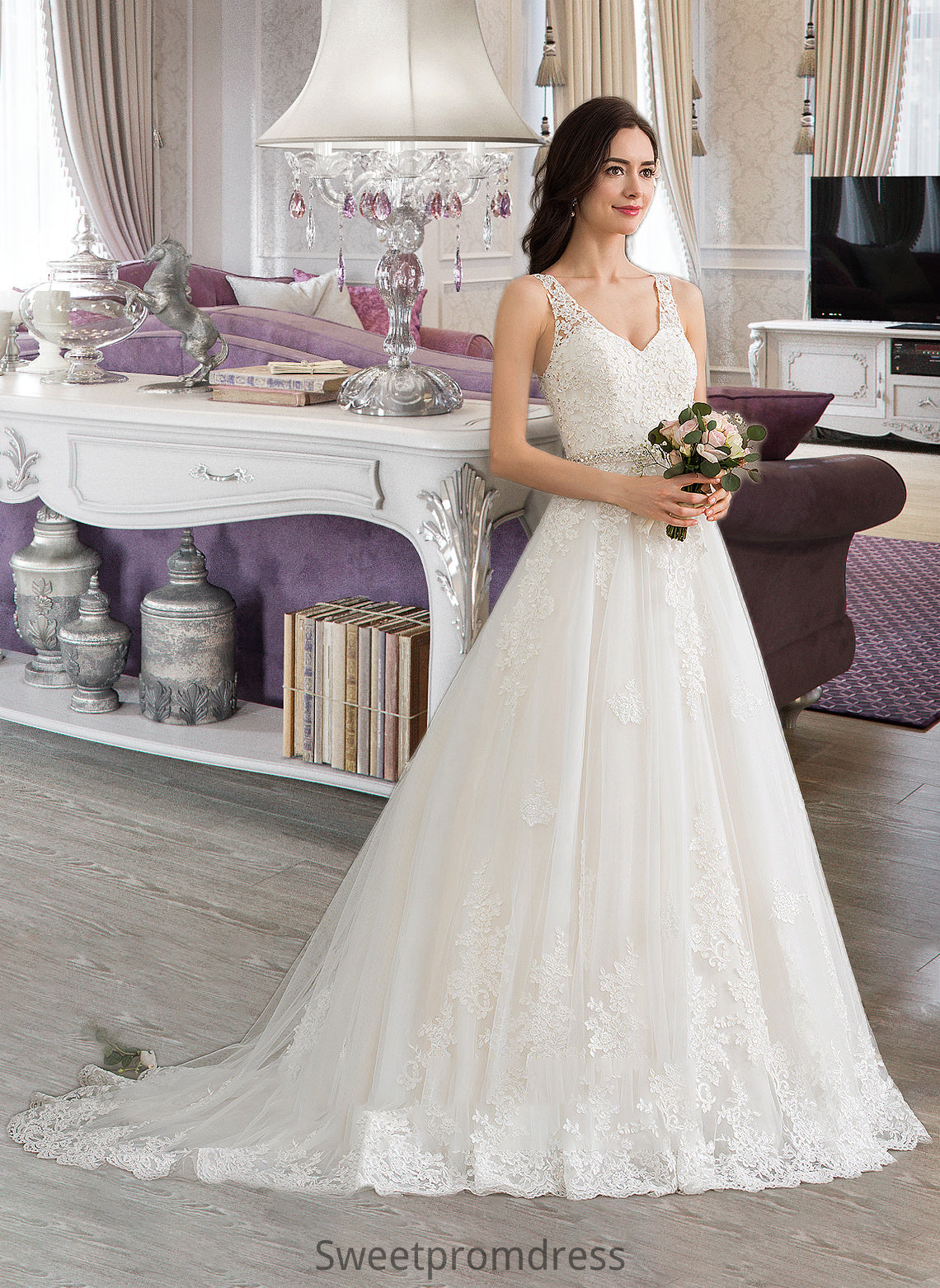 Chloe Ball-Gown/Princess V-neck Court Train Tulle Wedding Dress With Beading Sequins DHP0013779