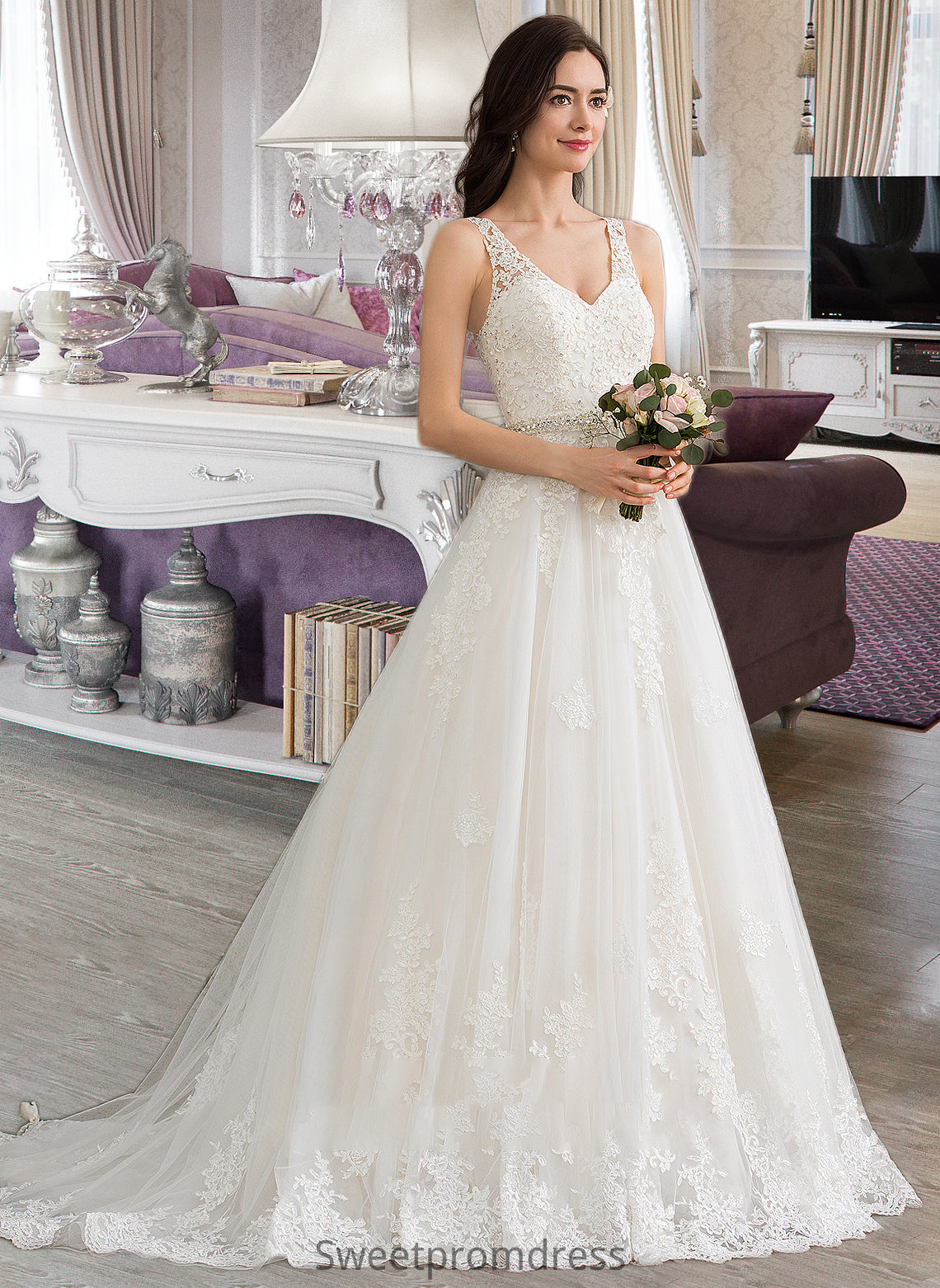 Chloe Ball-Gown/Princess V-neck Court Train Tulle Wedding Dress With Beading Sequins DHP0013779