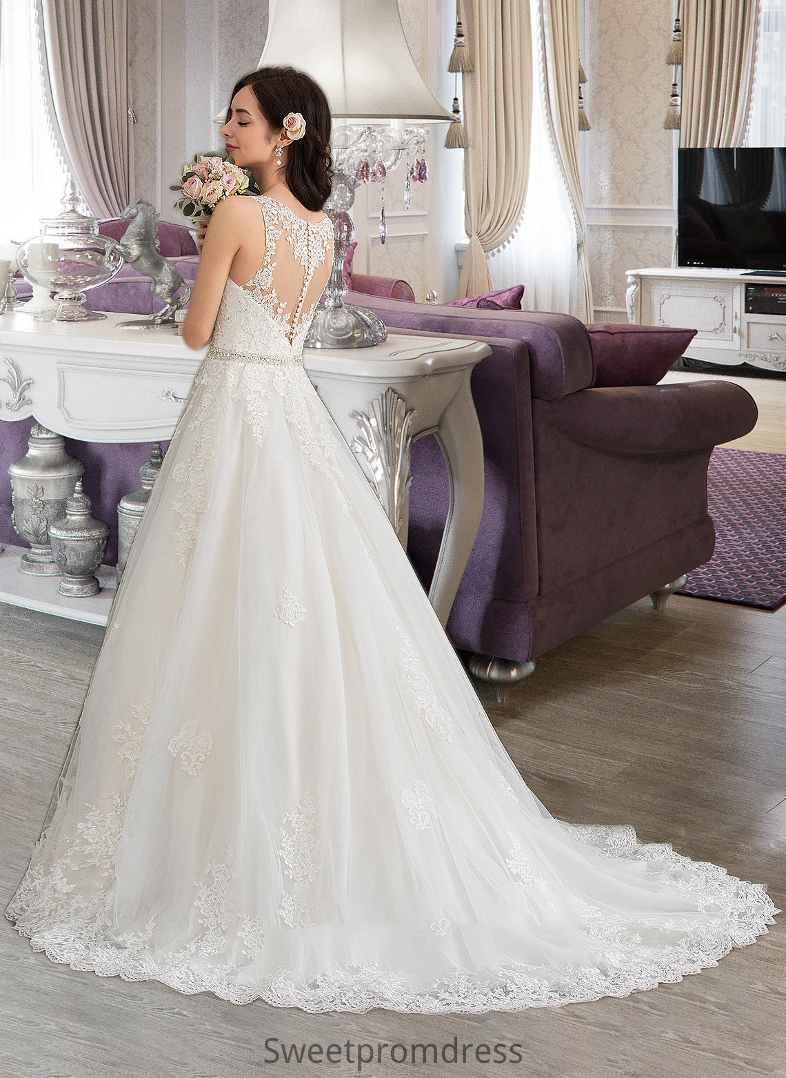 Chloe Ball-Gown/Princess V-neck Court Train Tulle Wedding Dress With Beading Sequins DHP0013779