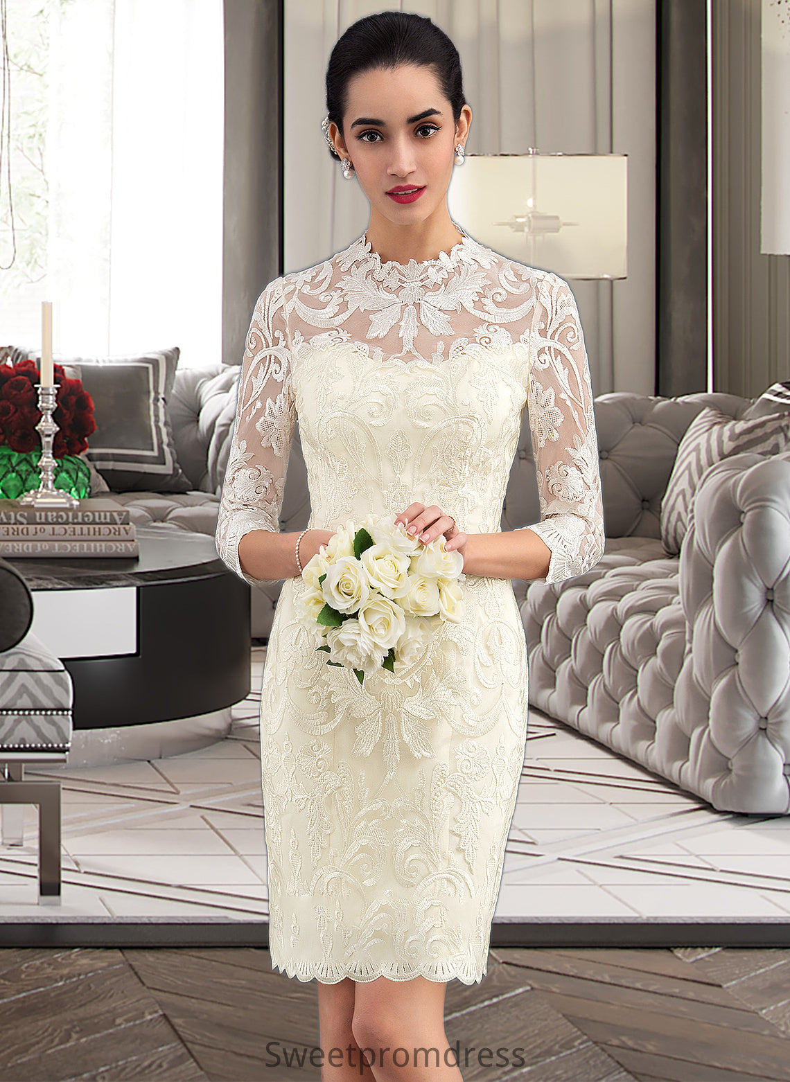 Julie Sheath/Column High Neck Knee-Length Lace Wedding Dress DHP0013781