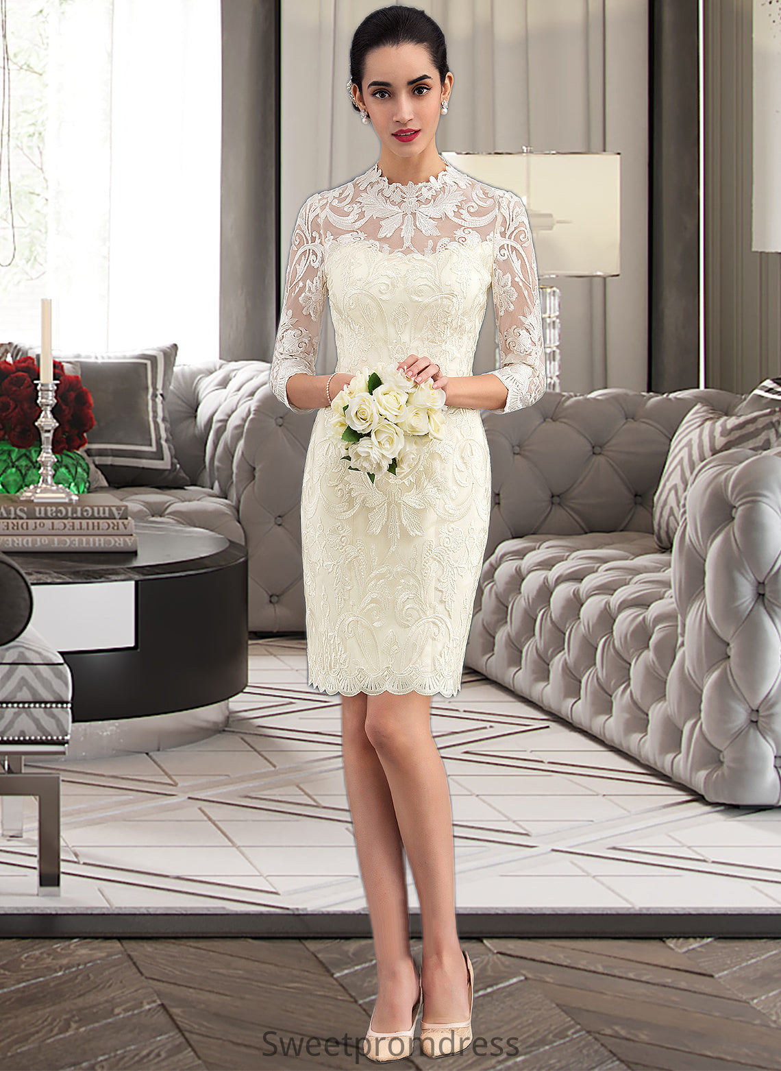 Julie Sheath/Column High Neck Knee-Length Lace Wedding Dress DHP0013781