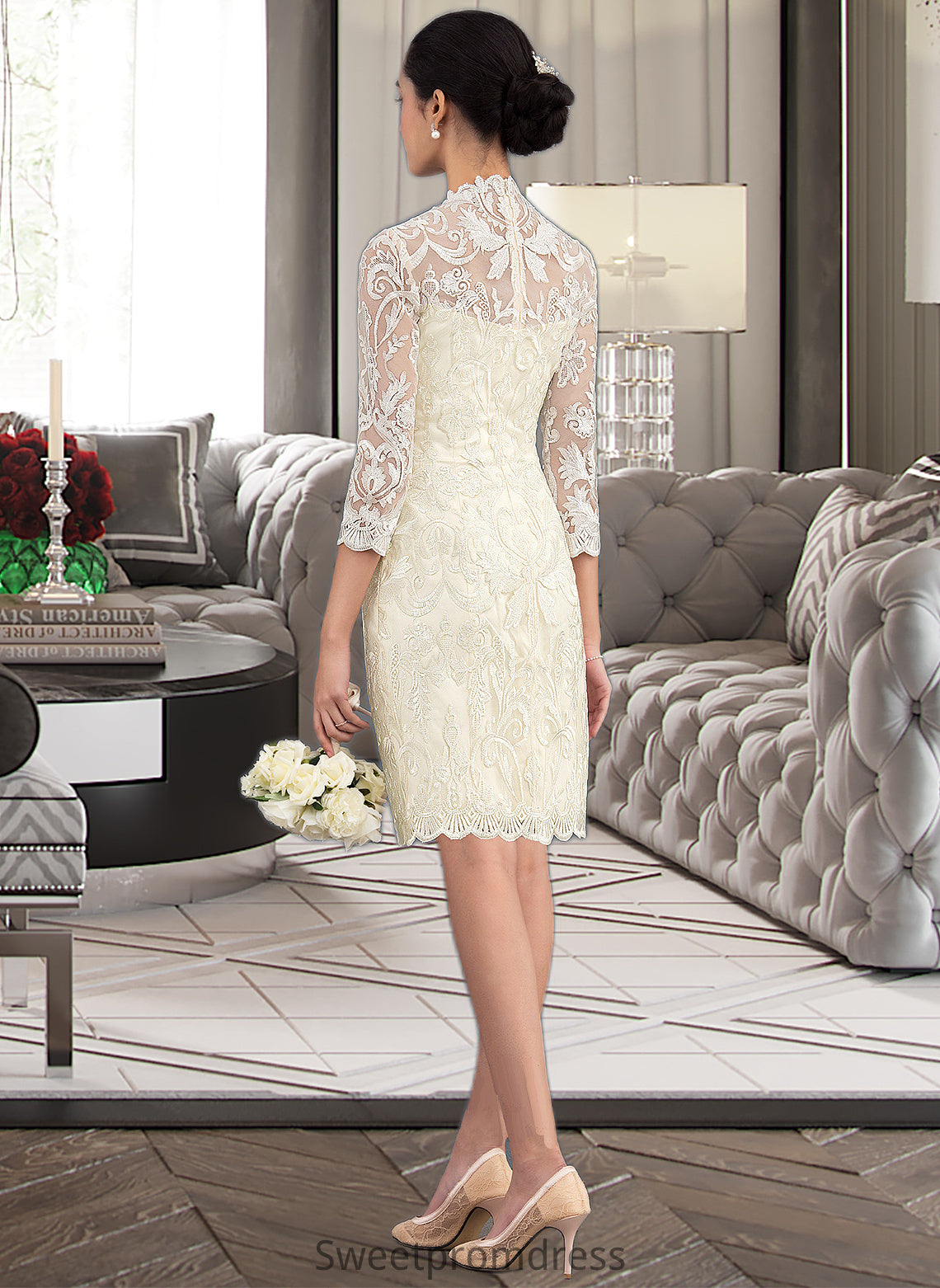 Julie Sheath/Column High Neck Knee-Length Lace Wedding Dress DHP0013781