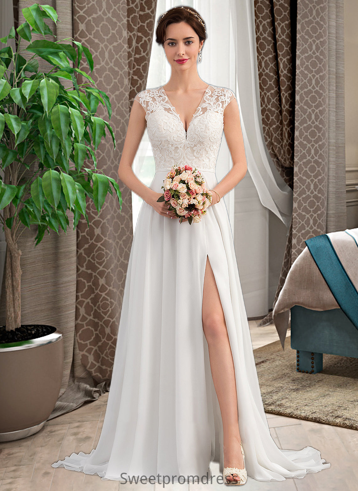 Stephany A-Line V-neck Sweep Train Chiffon Wedding Dress With Split Front DHP0013782