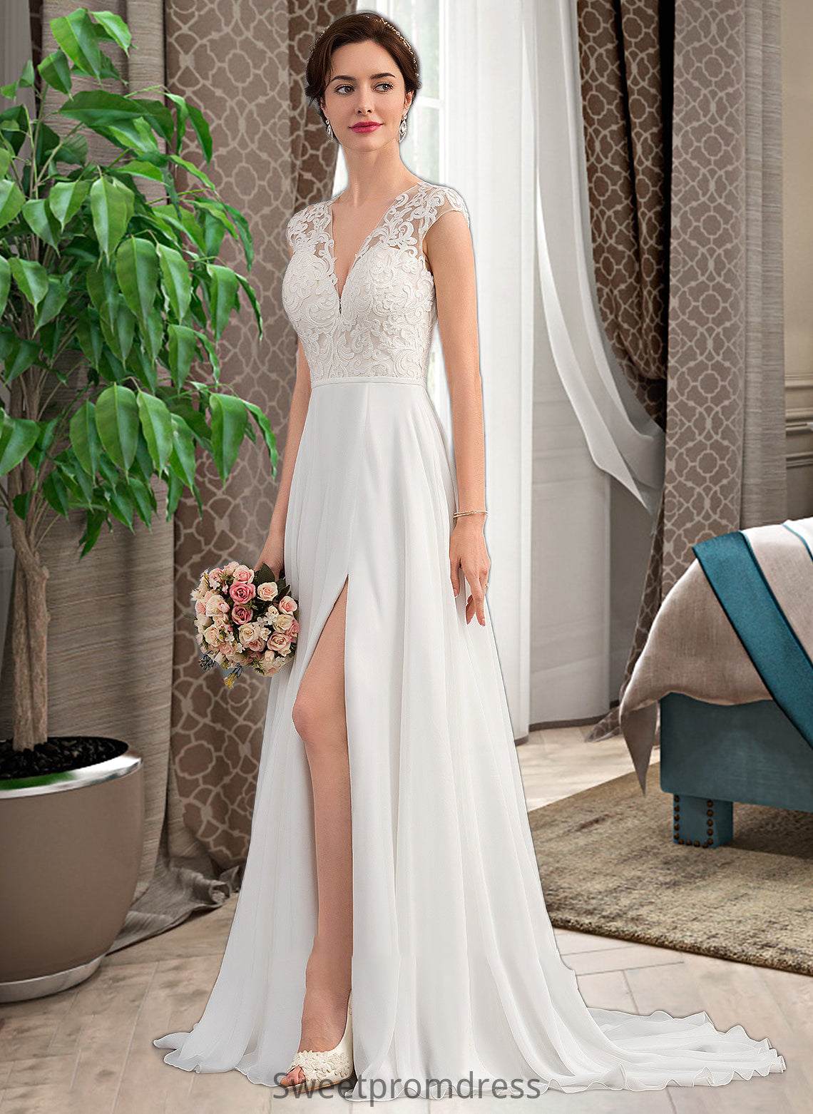 Stephany A-Line V-neck Sweep Train Chiffon Wedding Dress With Split Front DHP0013782