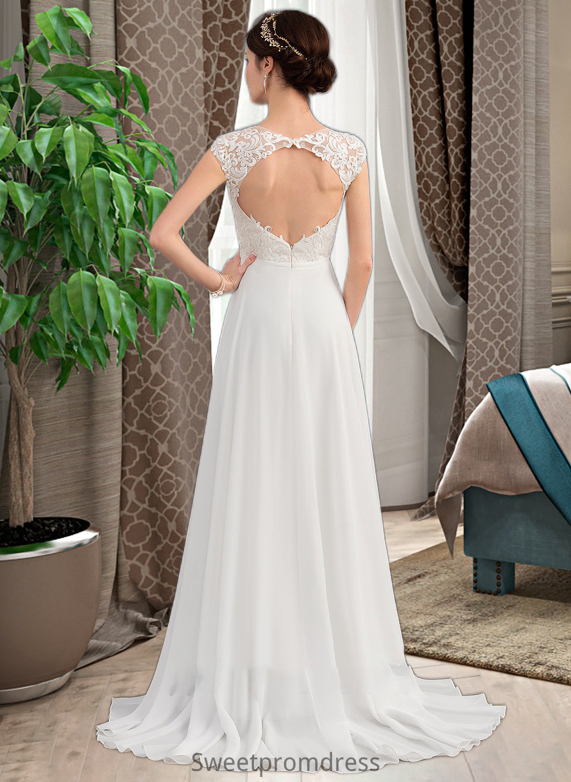 Stephany A-Line V-neck Sweep Train Chiffon Wedding Dress With Split Front DHP0013782