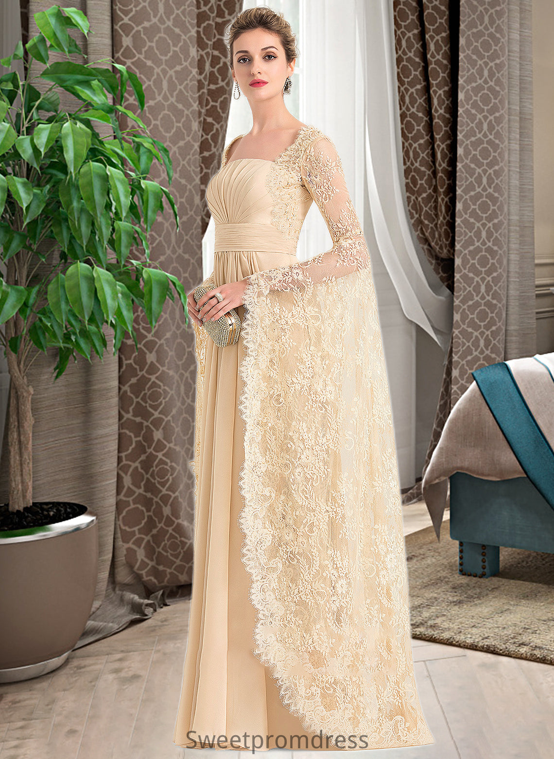 Shyanne A-Line Square Neckline Floor-Length Chiffon Wedding Dress With Ruffle Beading DHP0013783