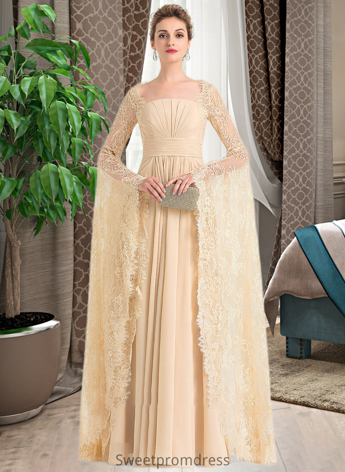 Shyanne A-Line Square Neckline Floor-Length Chiffon Wedding Dress With Ruffle Beading DHP0013783