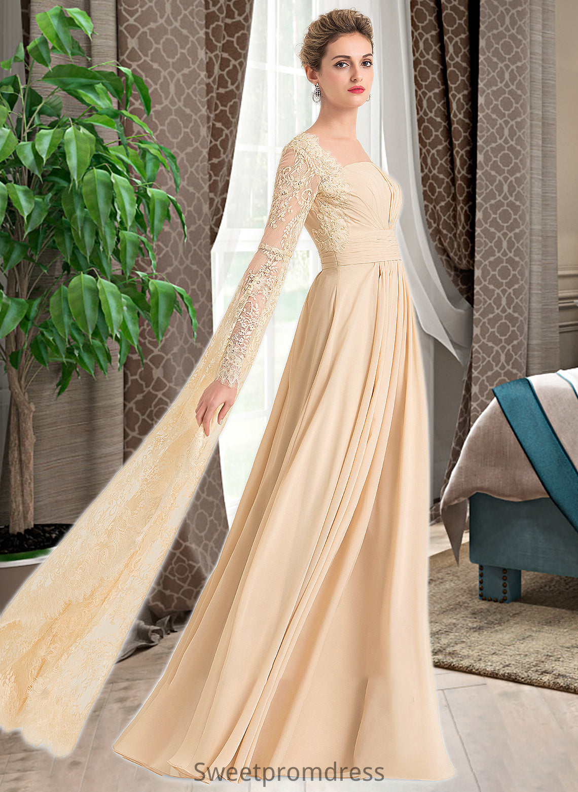 Shyanne A-Line Square Neckline Floor-Length Chiffon Wedding Dress With Ruffle Beading DHP0013783