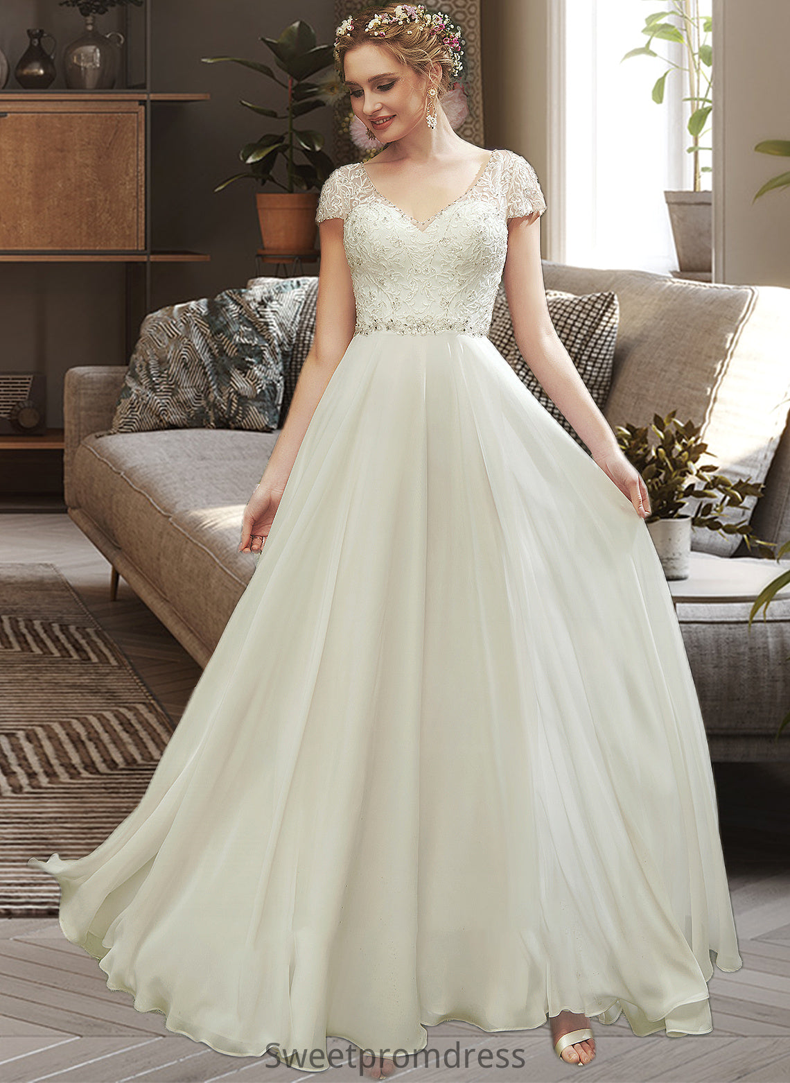 Sophronia A-Line V-neck Floor-Length Wedding Dress With Lace Beading Sequins DHP0013784