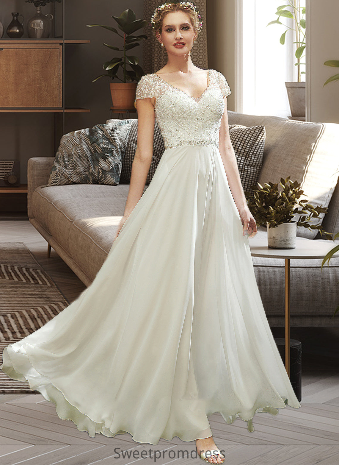 Sophronia A-Line V-neck Floor-Length Wedding Dress With Lace Beading Sequins DHP0013784