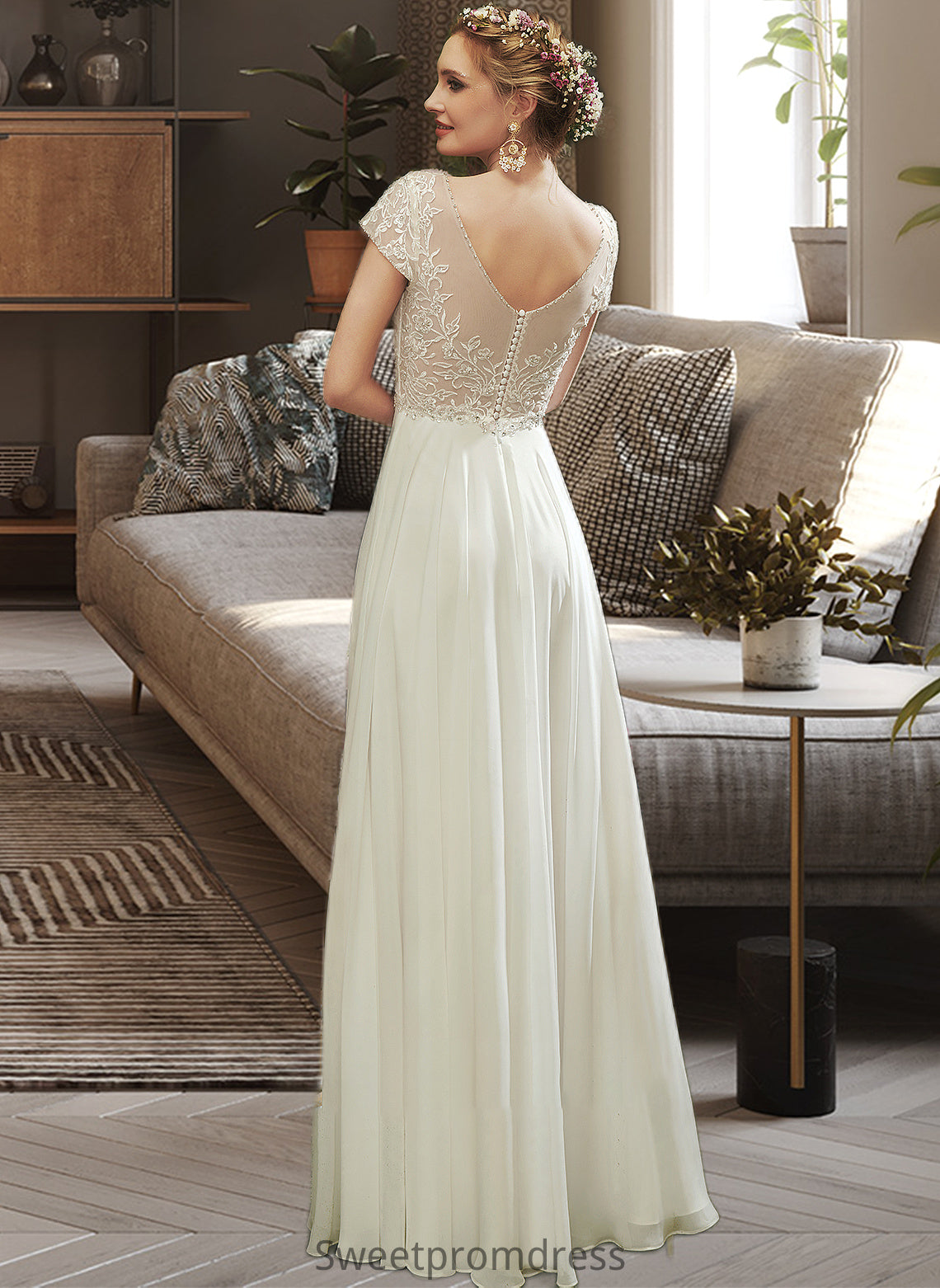 Sophronia A-Line V-neck Floor-Length Wedding Dress With Lace Beading Sequins DHP0013784