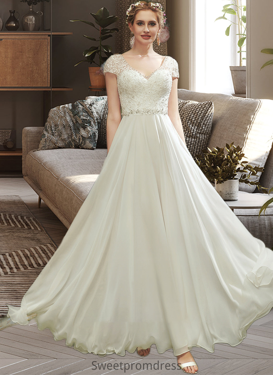 Sophronia A-Line V-neck Floor-Length Wedding Dress With Lace Beading Sequins DHP0013784