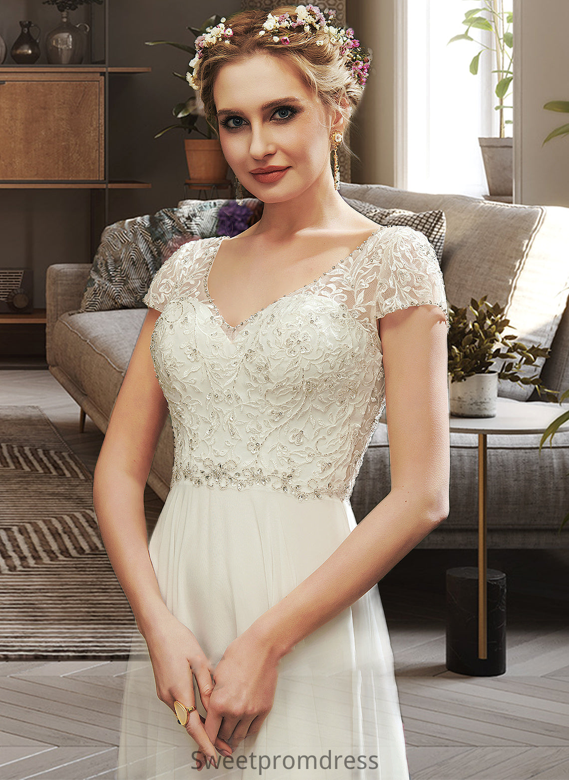 Sophronia A-Line V-neck Floor-Length Wedding Dress With Lace Beading Sequins DHP0013784