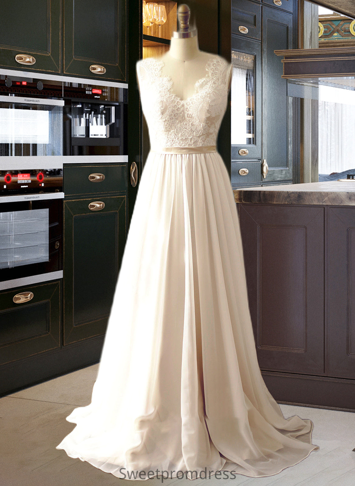 Deja A-Line V-neck Court Train Chiffon Wedding Dress DHP0013785