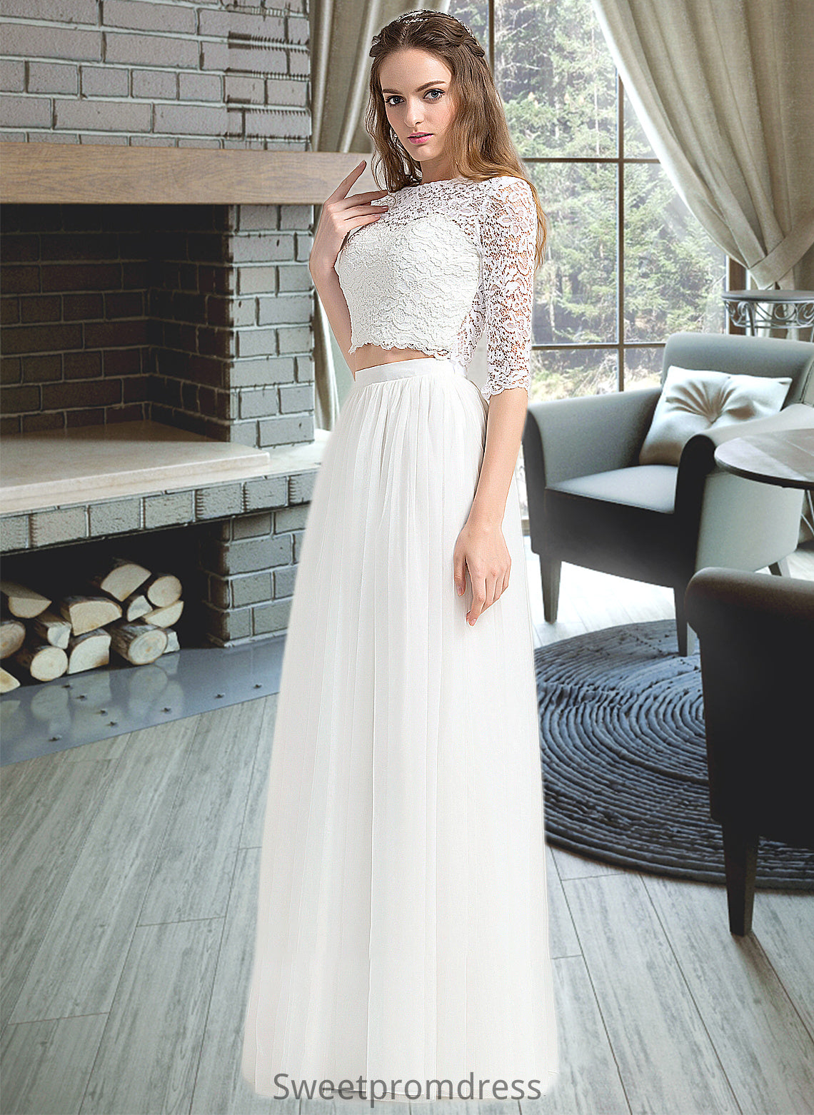 Lillie A-Line Scoop Neck Floor-Length Tulle Wedding Dress DHP0013787