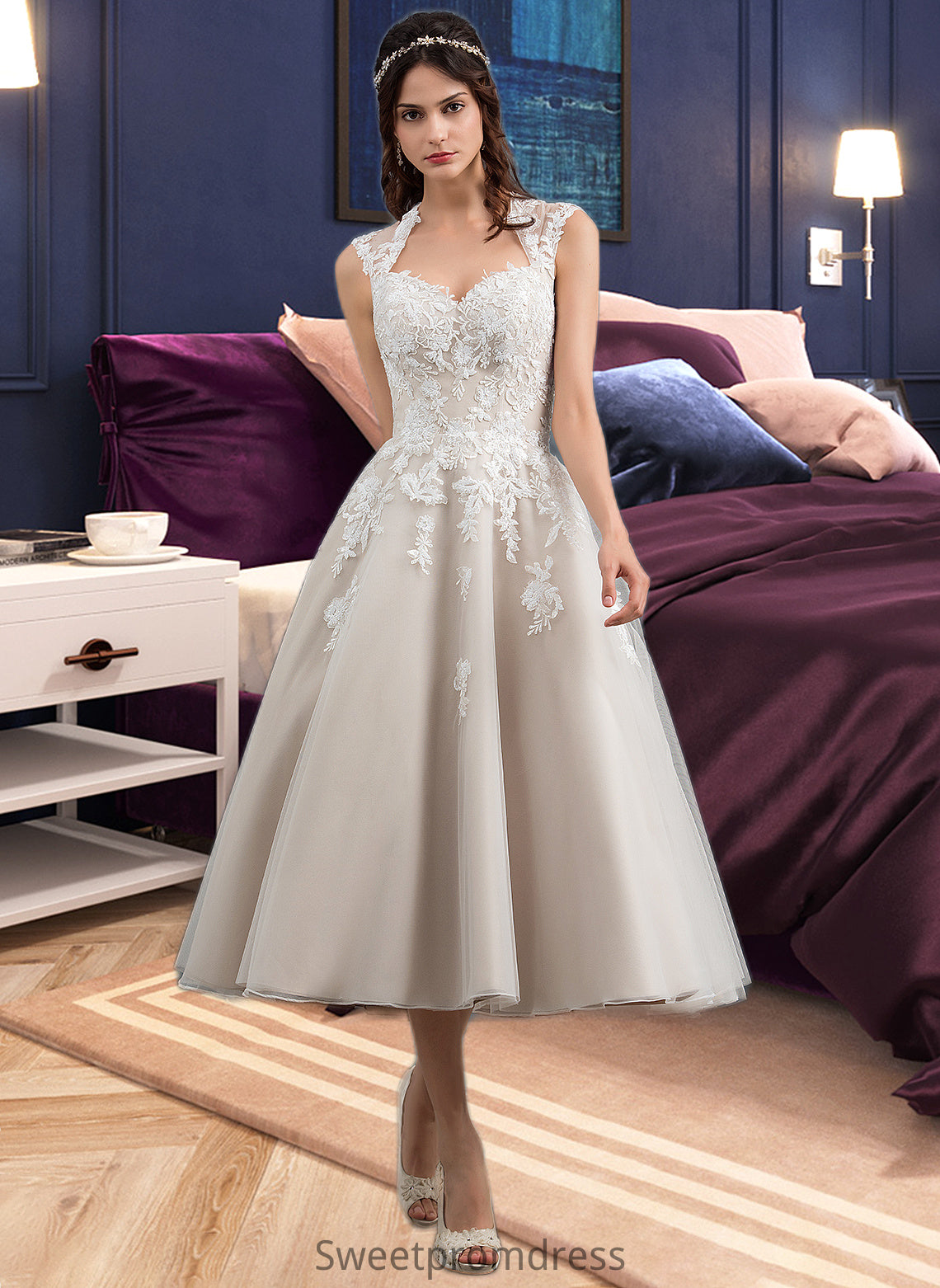 Scarlet Ball-Gown/Princess Sweetheart Tea-Length Tulle Wedding Dress With Sequins DHP0013791