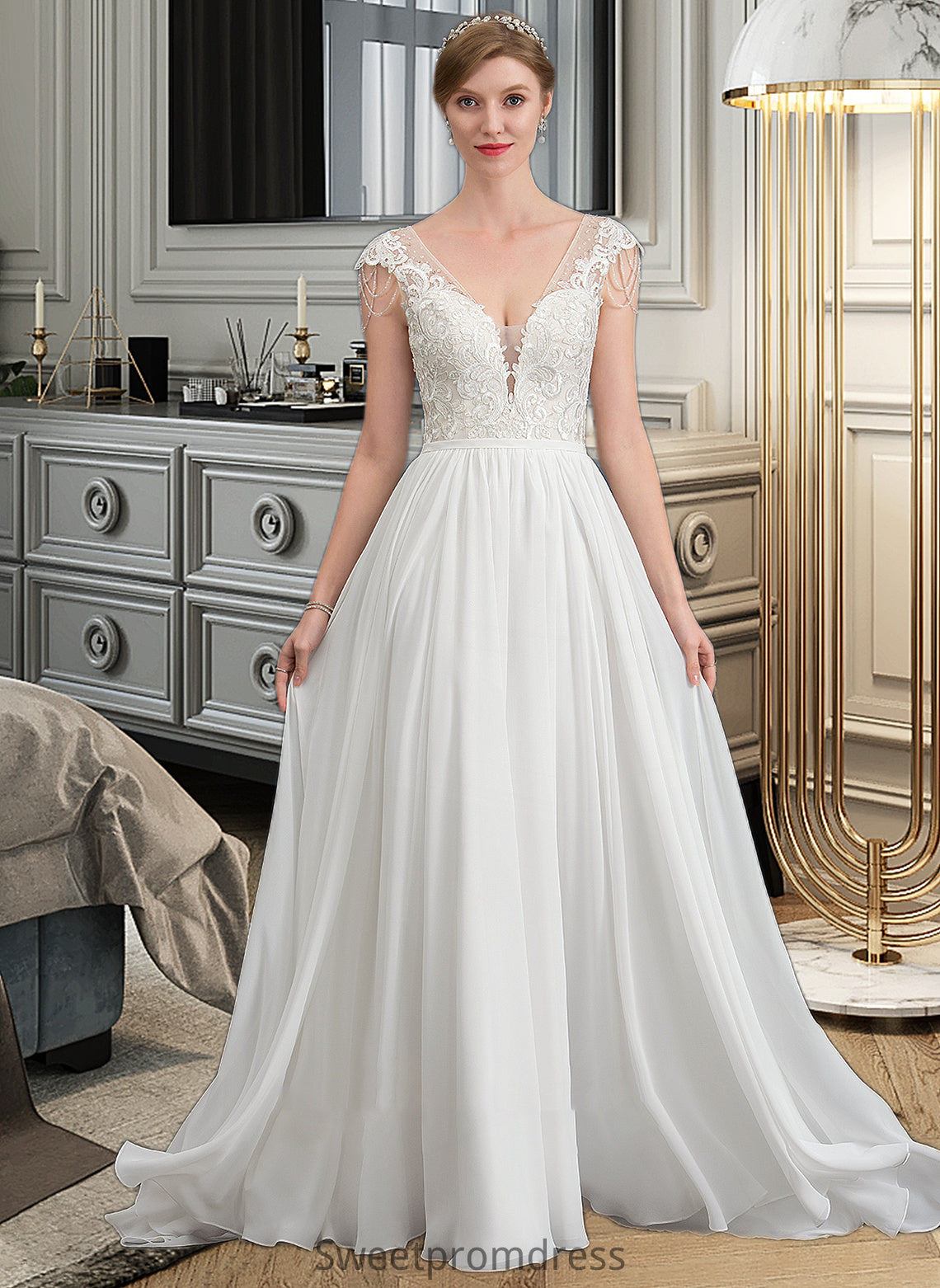 Yesenia A-Line V-neck Sweep Train Chiffon Wedding Dress With Beading Sequins DHP0013792