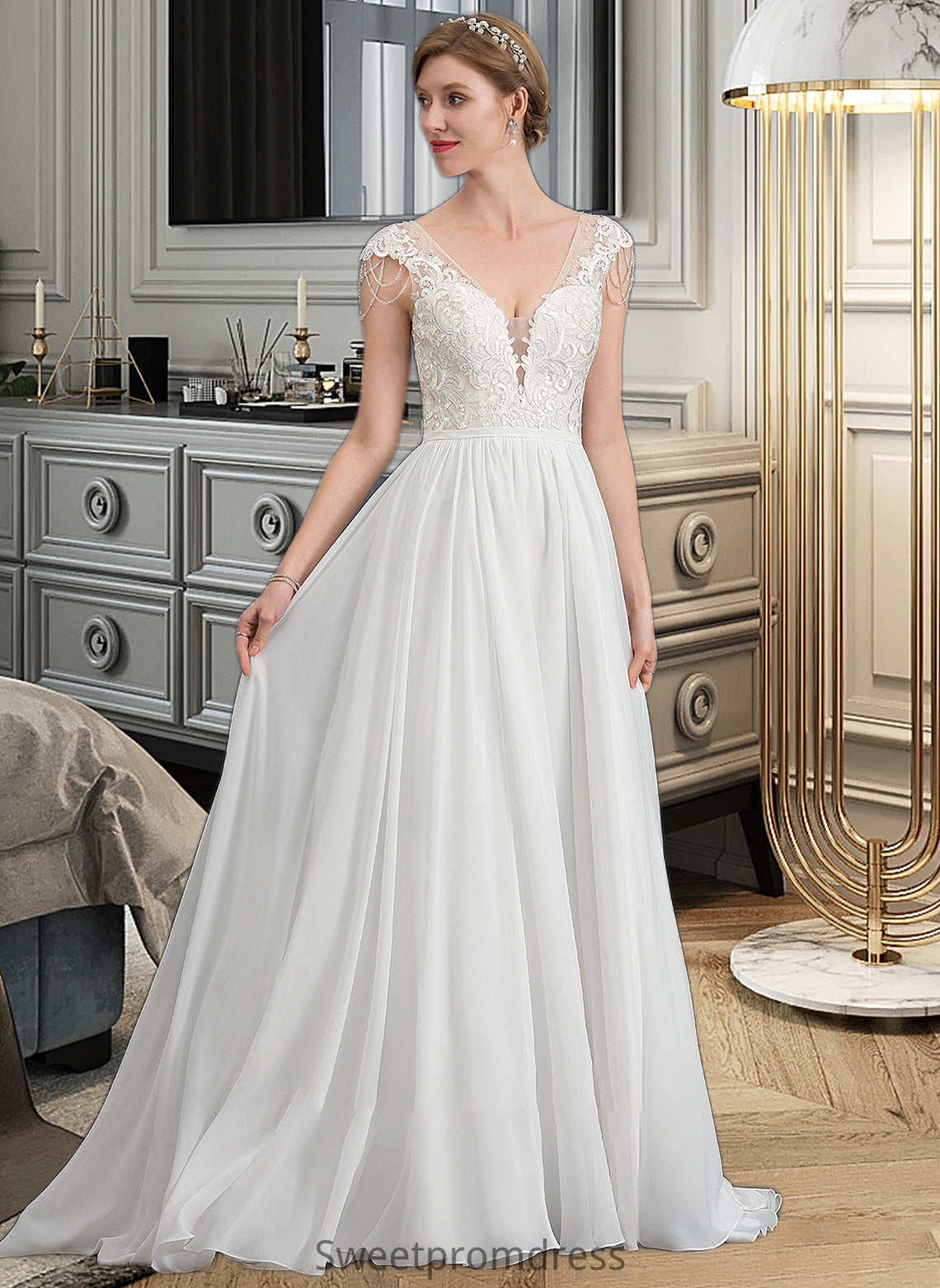 Yesenia A-Line V-neck Sweep Train Chiffon Wedding Dress With Beading Sequins DHP0013792